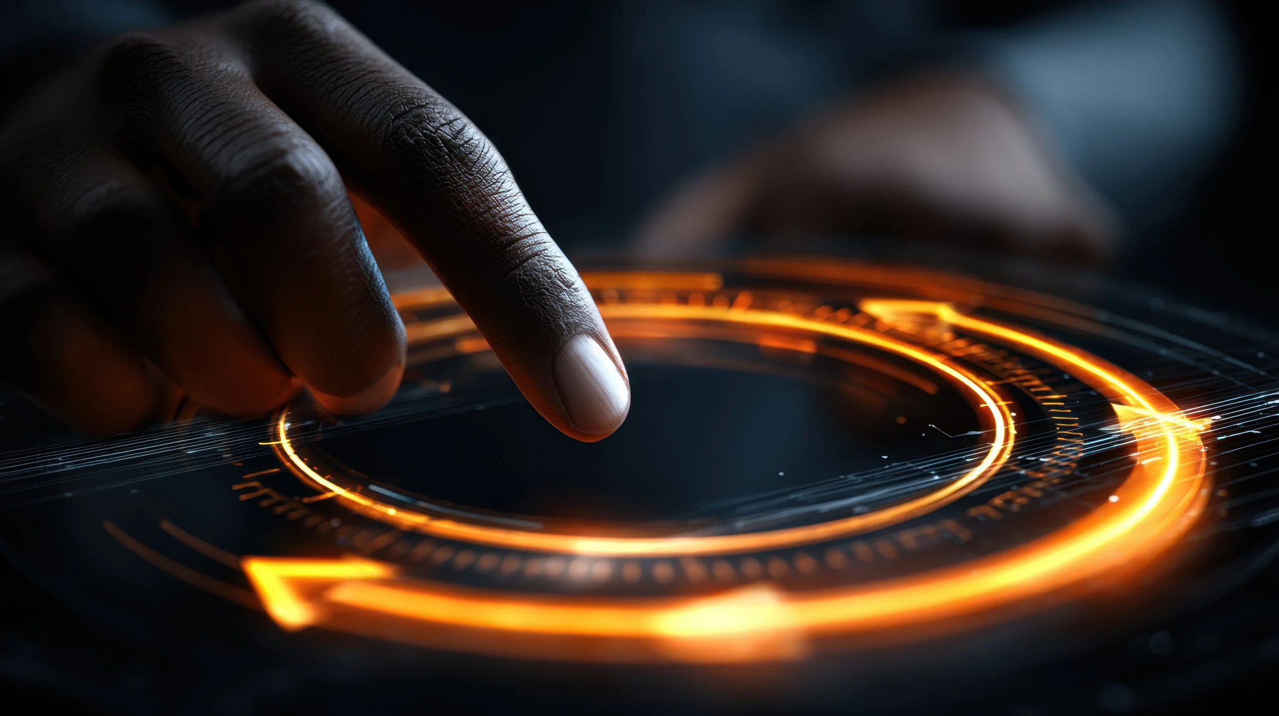 Close-up of a person's finger touching a futuristic digital interface with glowing orange rings and lines on a dark background.