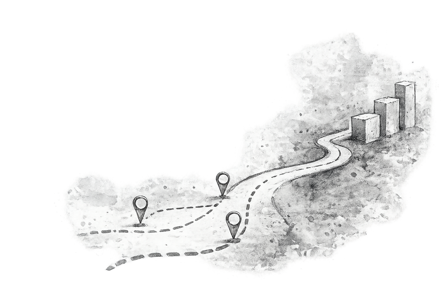 Sketch of a road map with three location markers connected by dashed lines, leading to a chain of ascending bar graphs in the background.