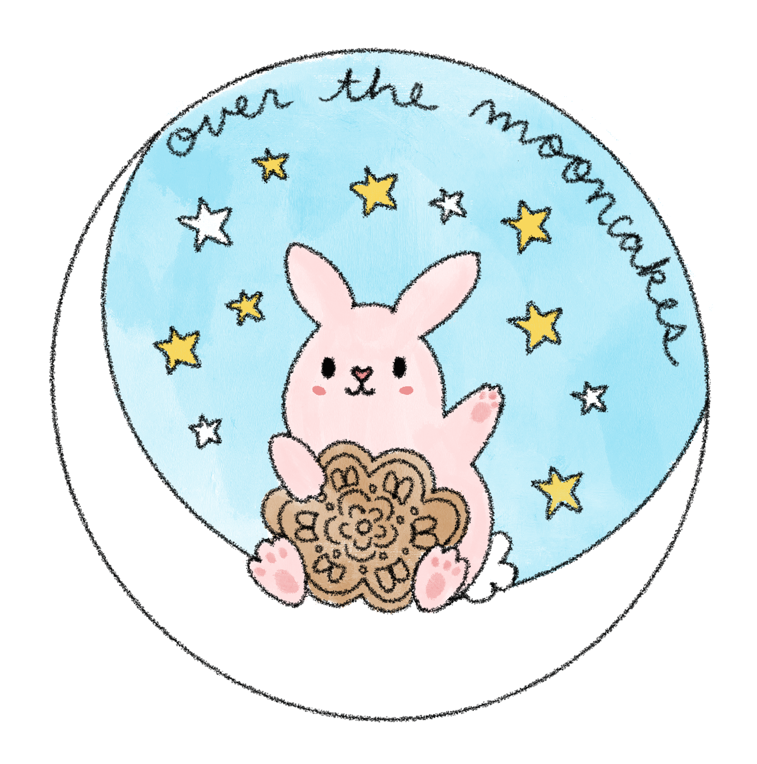 A cute illustration of a pink bunny holding a cookie, sitting on a cloud with a blue sky, yellow and white stars, and a handwritten message that reads 'over the rainbow'.