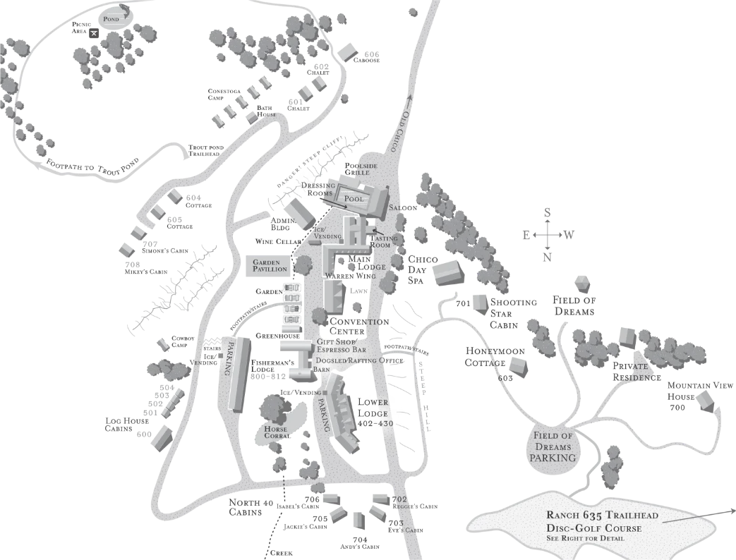 Map Chico Hot Springs and their various facilities and areas like lodge, parking, pavilion, saloon, field of dreams parking, and surrounding trails.