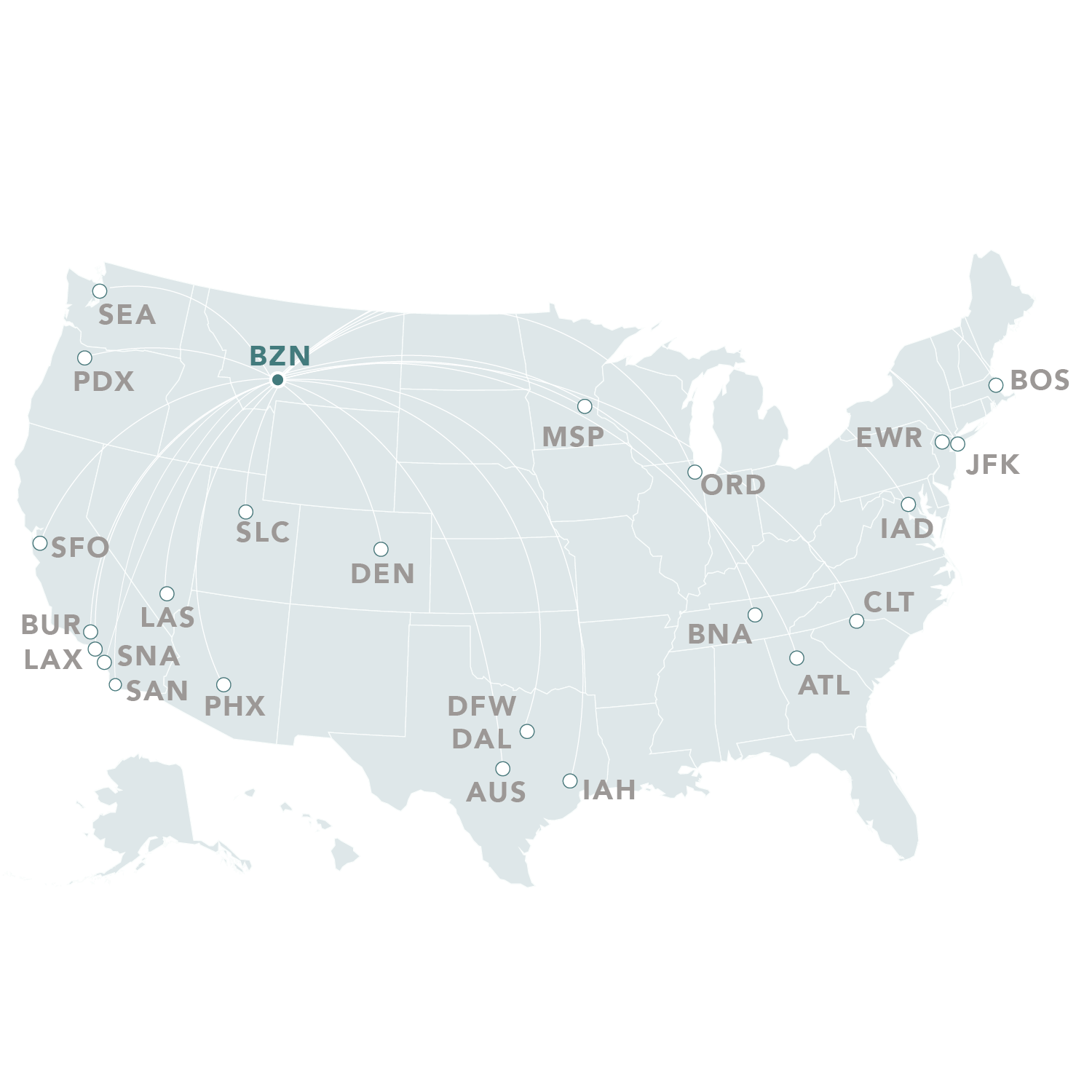 Map of the United States showing the direct commercial flight routes to Bozeman/Yellowstone airport to various cities across the country, with lines indicating flight paths.