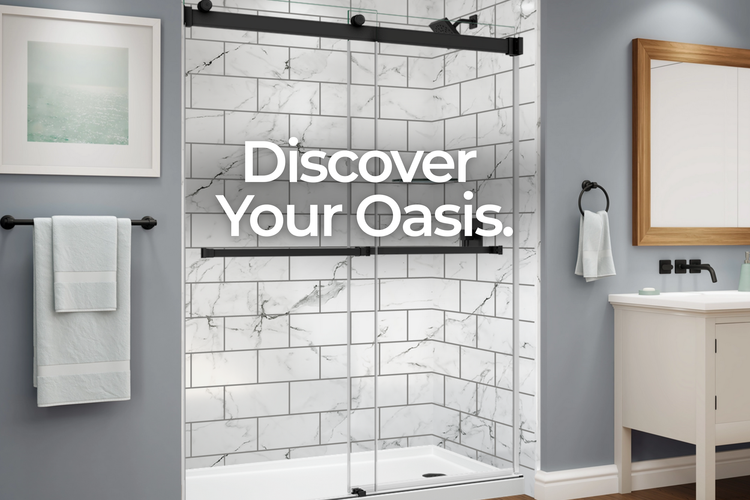 Modern bathroom with a tile shower, towel racks, a sink with a mirror, and the text 'Discover Your Oasis' overlayed.