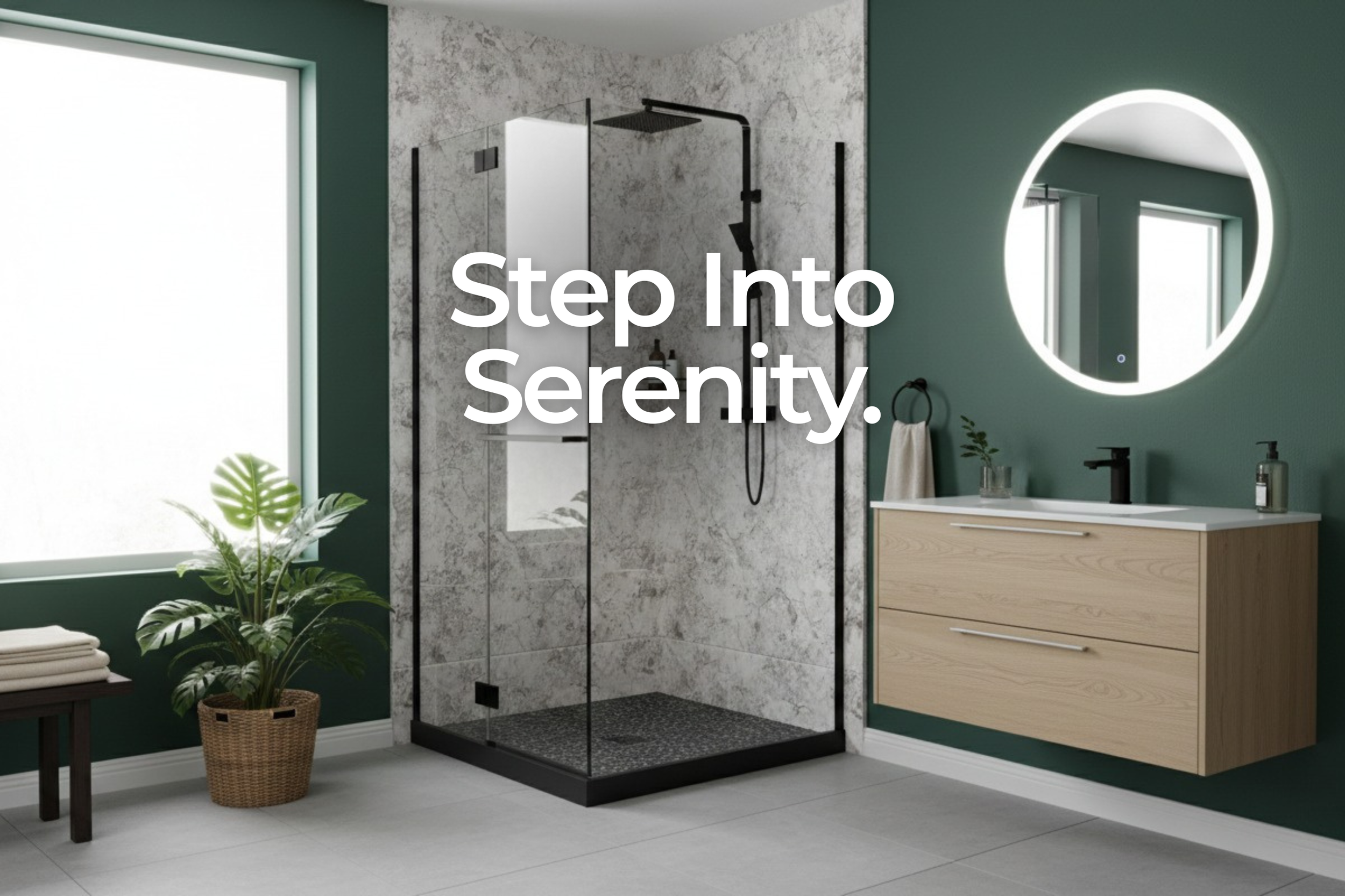 Remodeled bathroom with text overlay "Step into Serenity" 