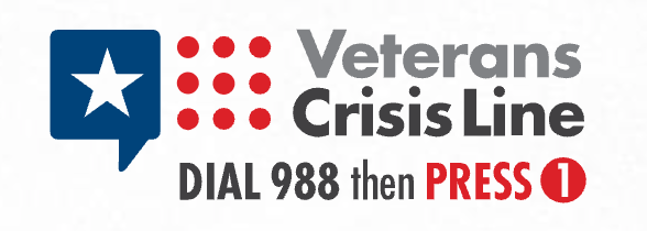 Graphic with a blue speech bubble containing a white star, red dots, and text that reads "Veterans Crisis Line" and "DIAL 988 then PRESS 1".