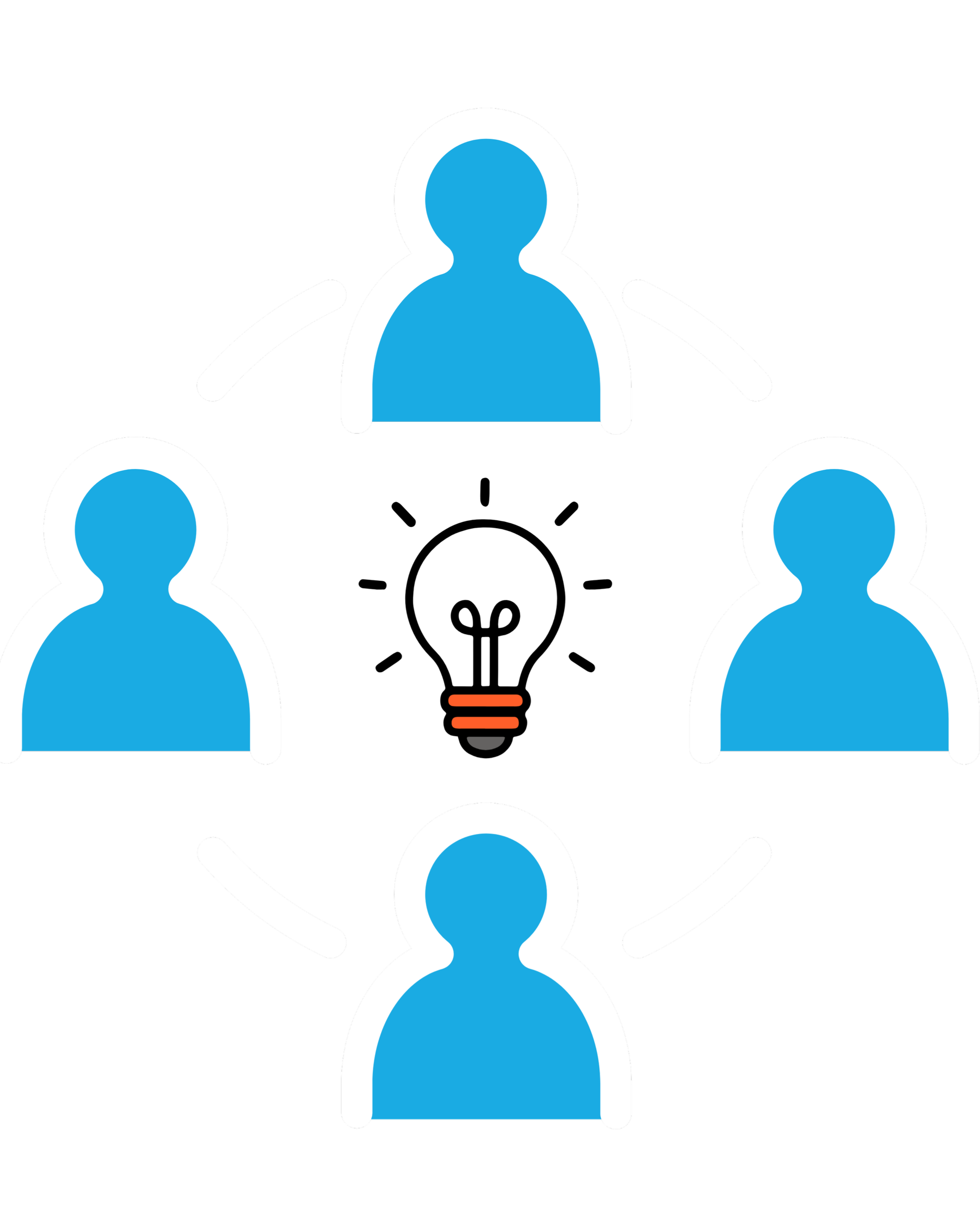 Four blue human icons connected in a circle, with a lightbulb in the center indicating collaboration or sharing ideas.
