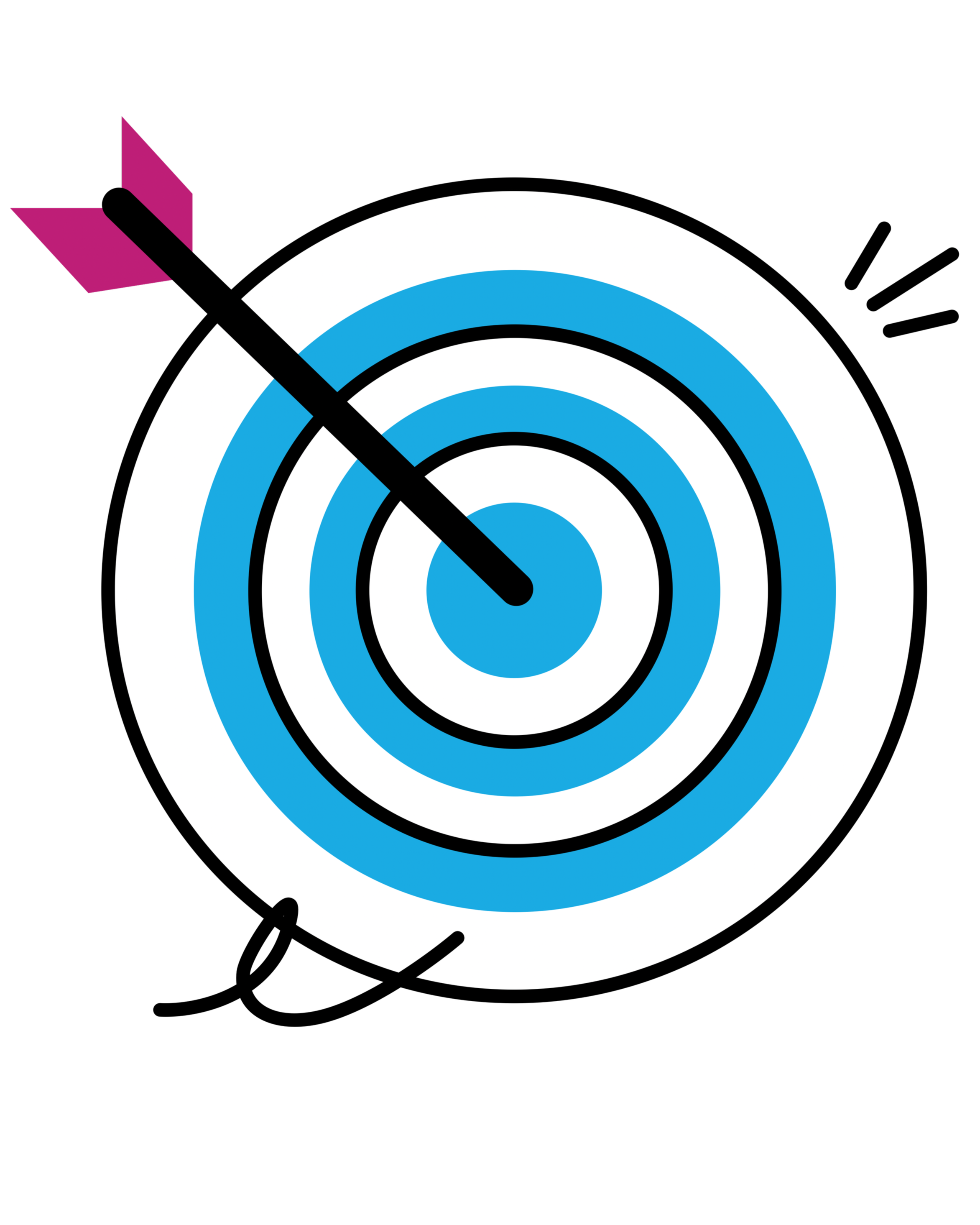 Target with blue and white concentric circles and an arrow hitting the bullseye