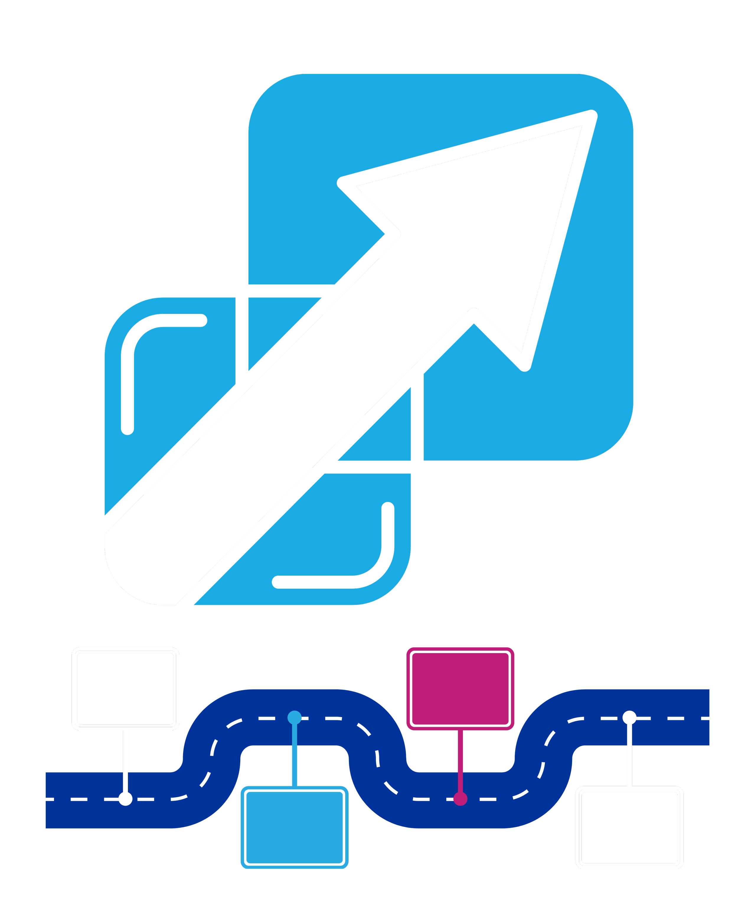 Graphic representing growth or progress with an upward arrow overlaying a bar chart and a subway or train map below with four colored stations connected by a route.