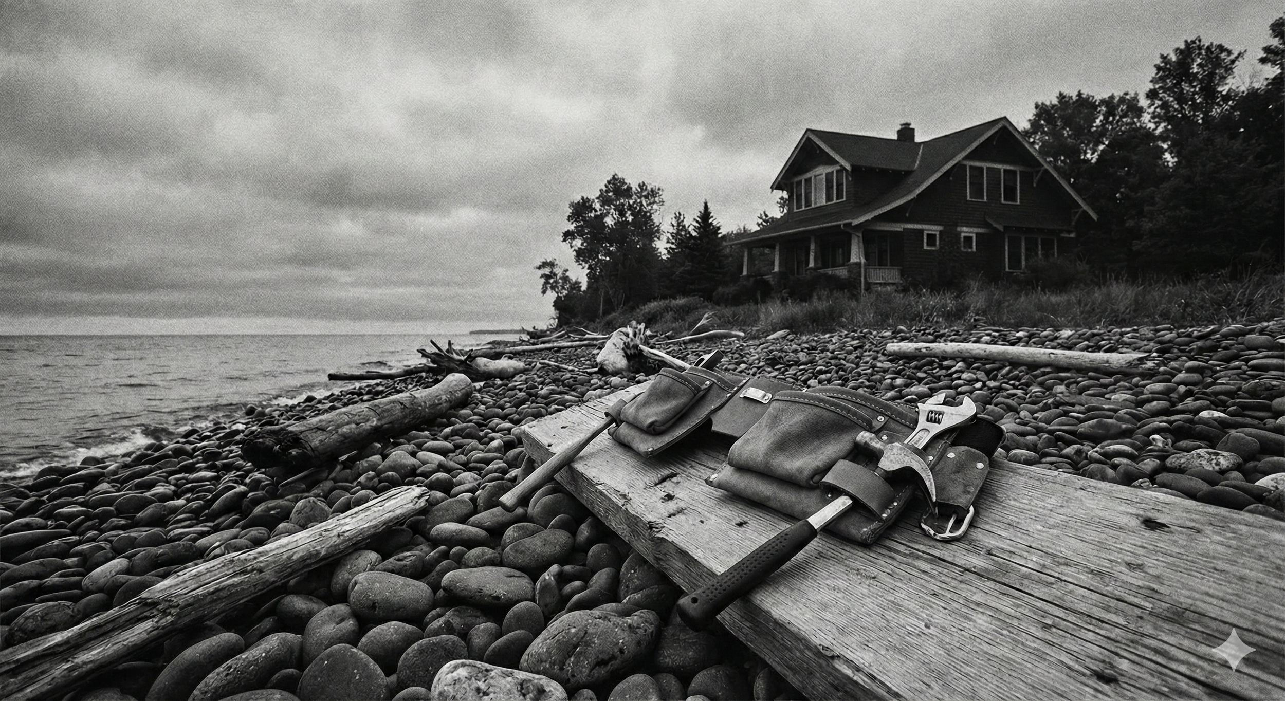 A stone beach with driftwood and tools, including a hammer and wrench, placed on a wooden plank, with a house and trees in the background under a cloudy sky.