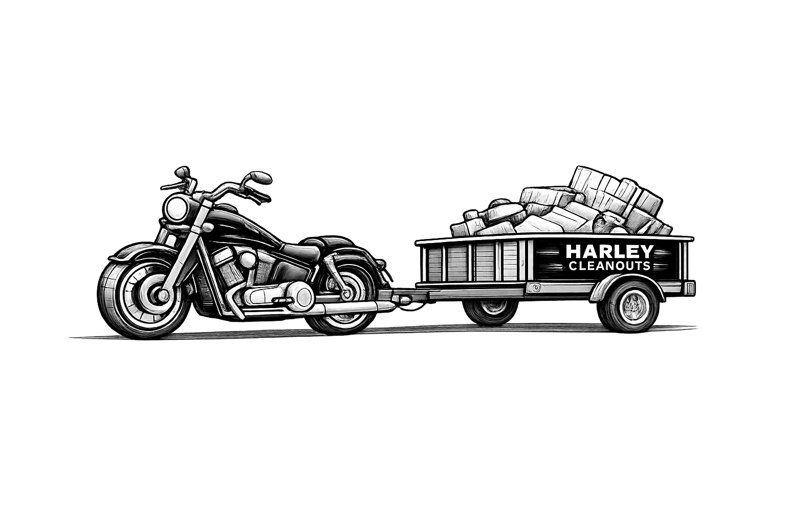 Illustration of a motorcycle pulling a trailer filled with bricks, with the sign 'Harley Cleanouts' on the trailer.