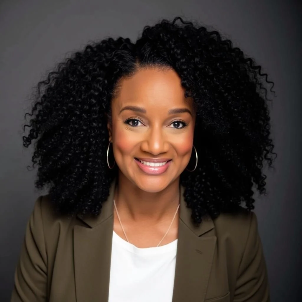 A smiling woman with curly black hair wearing a brown blazer, white top, and hoop earrings against a dark background.