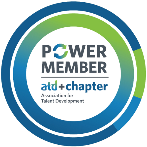 The image features a logo with concentric circles in shades of blue and green. In the center, it has text that reads 'POWER MEMBER' and 'chapter,' with smaller text underneath indicating it is related to the Association for Talent Development.