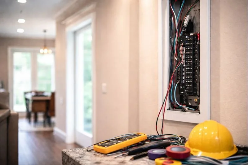 Electrical panel open with wires, tools, and safety helmet on countertop