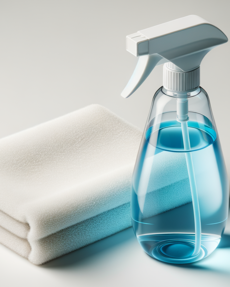 A spray bottle filled with blue cleaning solution next to a folded white microfiber cloth.