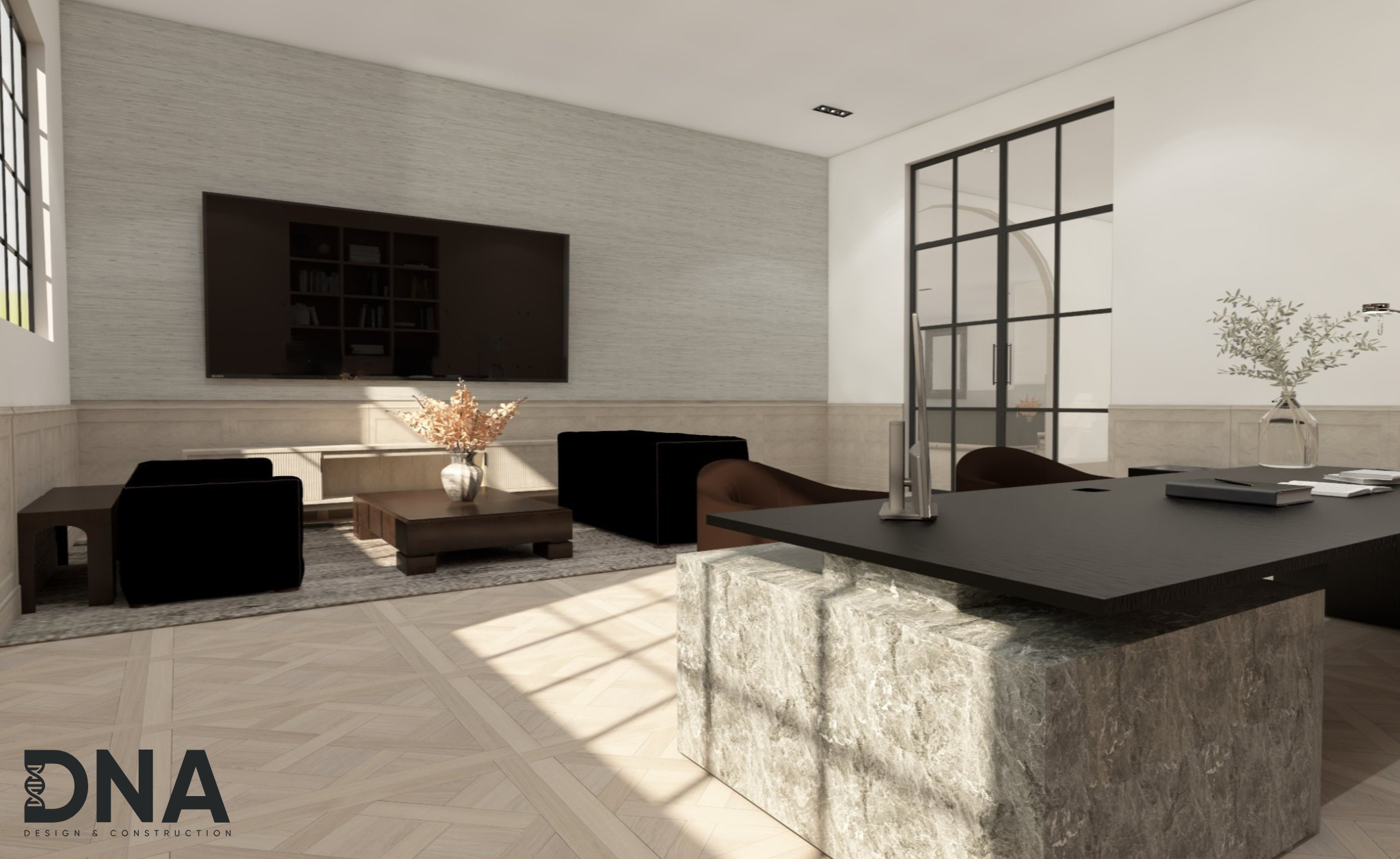 Modern living room with a large flat-screen TV, black armchairs, a wooden coffee table with a vase of dried flowers, a gray armchair, and a black desk with a computer monitor and books. Bright natural light and glass doors are visible.