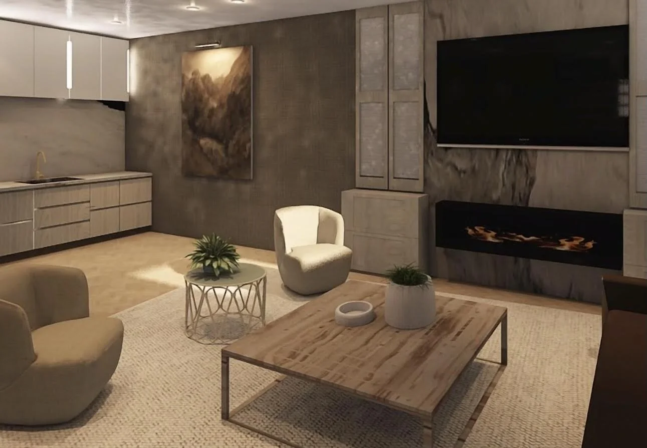 Modern living room with beige chairs, a wooden coffee table, a painted wall, a large flat-screen TV, and a cozy fireplace.