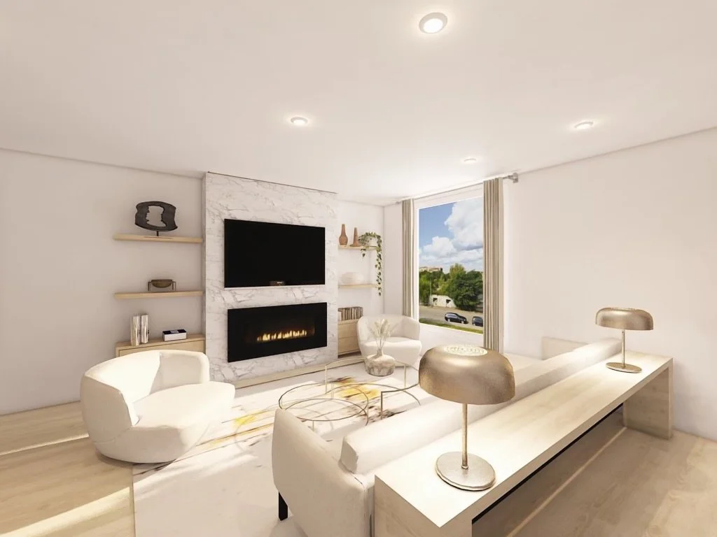 Modern living room with white walls, a fireplace, a wall-mounted TV, a large window with curtains, and stylish furniture.
