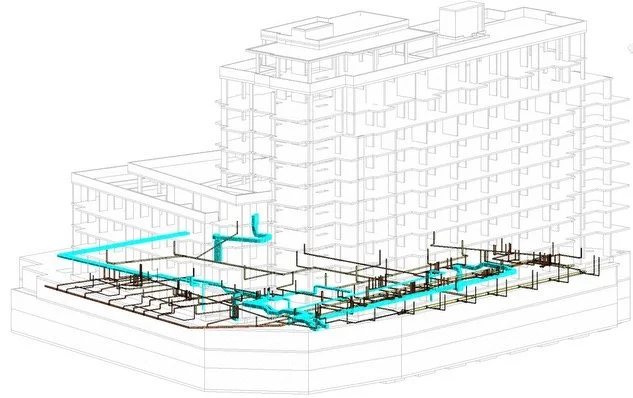 Line drawing of a multi-story building with a complex network of blue and black pipes