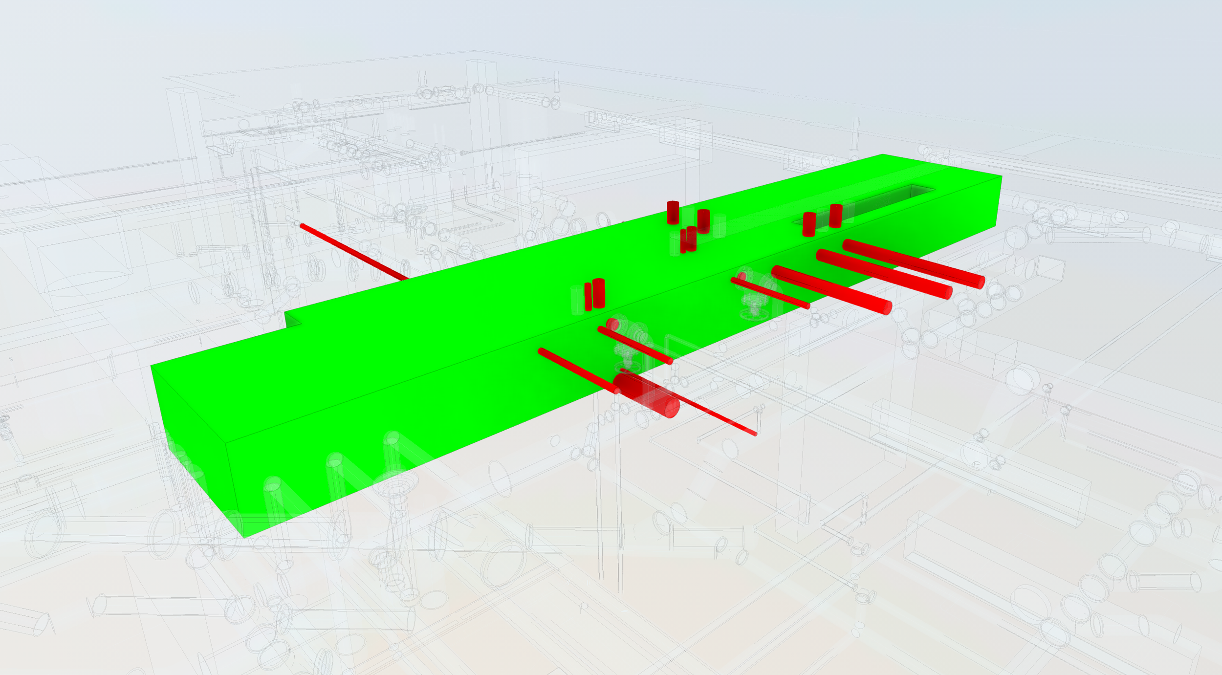 3D rendering of a green rectangular block with red rods and cylinders protruding from it, overlaid on a transparent technical blueprint background.