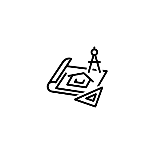 Icon of a rolled-out blueprint with a compass and ruler on a white background.