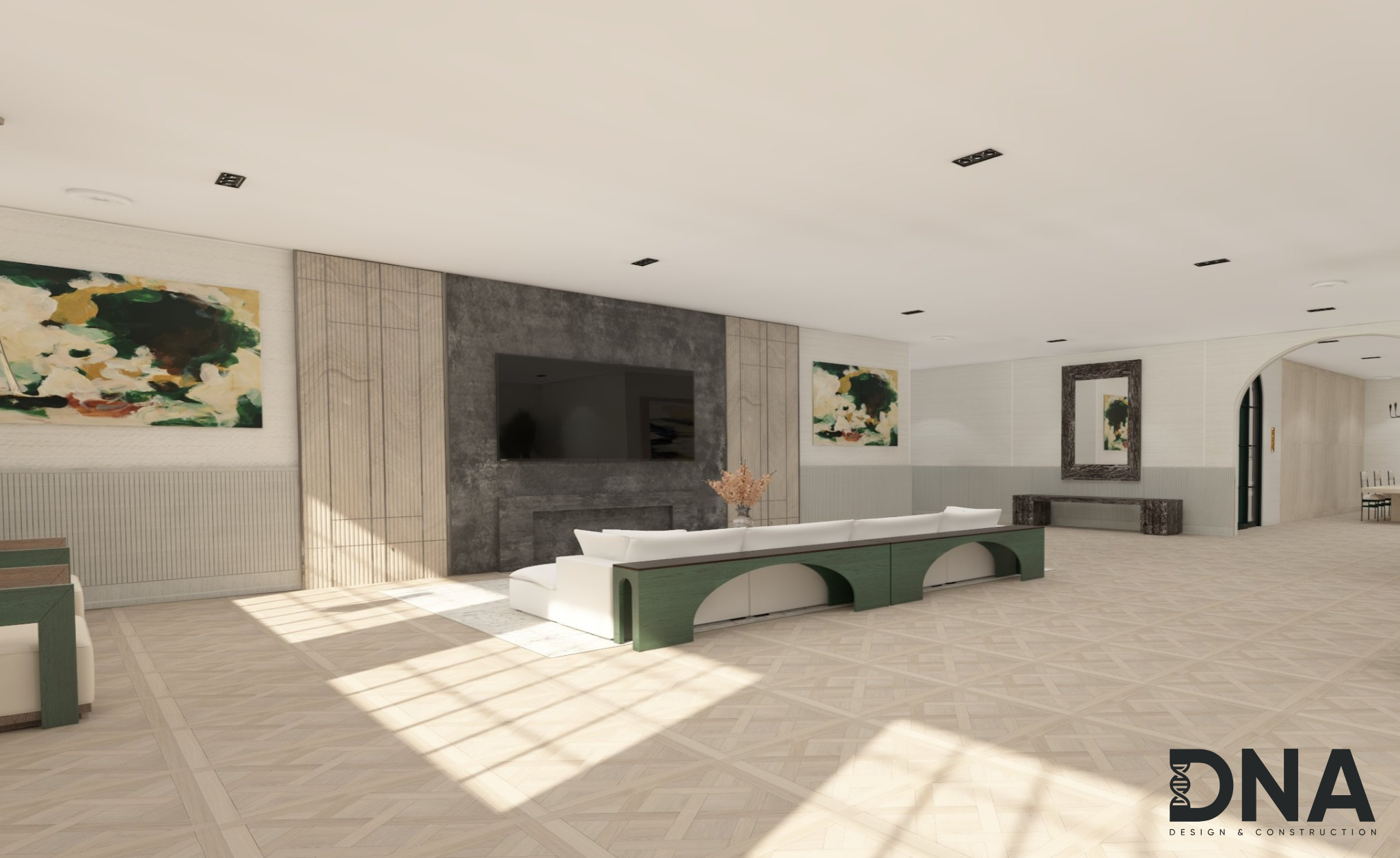 Modern, spacious living room with white sofas, abstract artwork on the walls, a large flat-screen TV mounted on a gray textured wall, and light wood flooring. Sunlight streams through windows casting shadows on the floor.