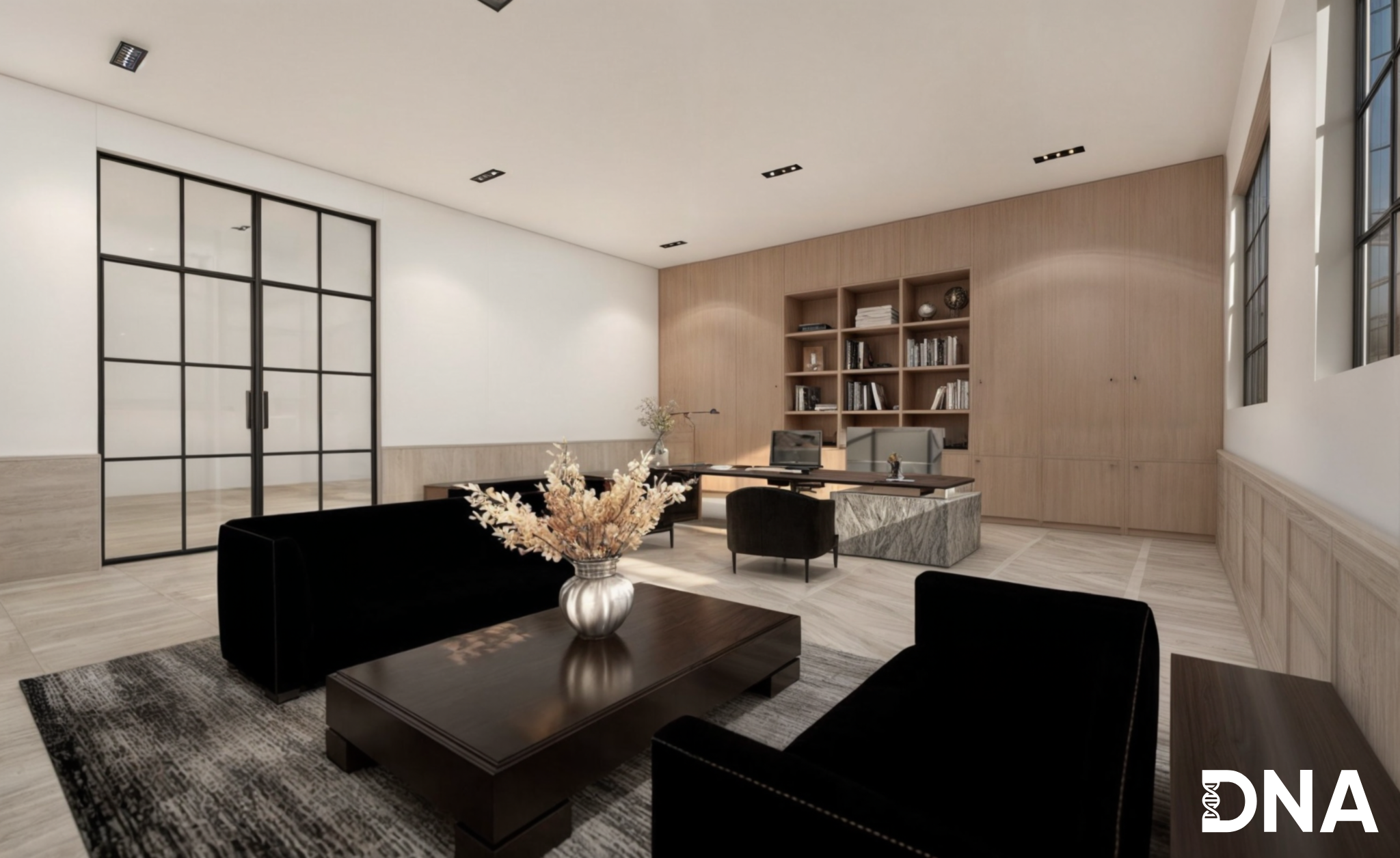 Modern office with wooden bookshelf, black sofa and chairs, marble coffee table, large windows, and minimal decor.