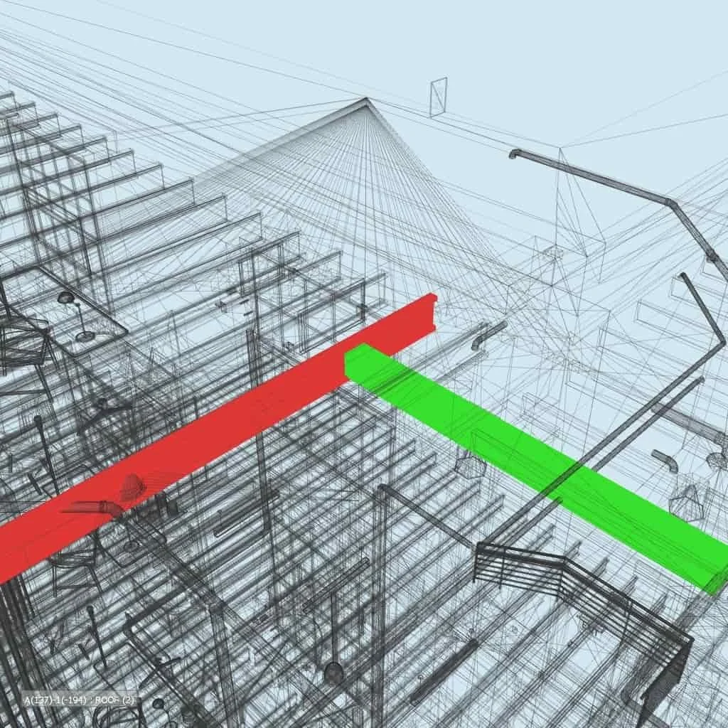 Wireframe drawing of a construction site showing building framework, with red and green beams crossing above.