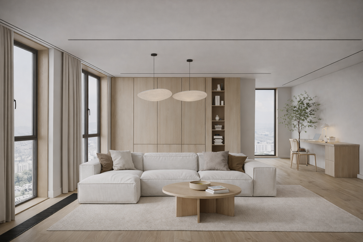 Minimalist living room with large windows, white sofa, wooden coffee table, built-in shelves, and a small workspace in the background.