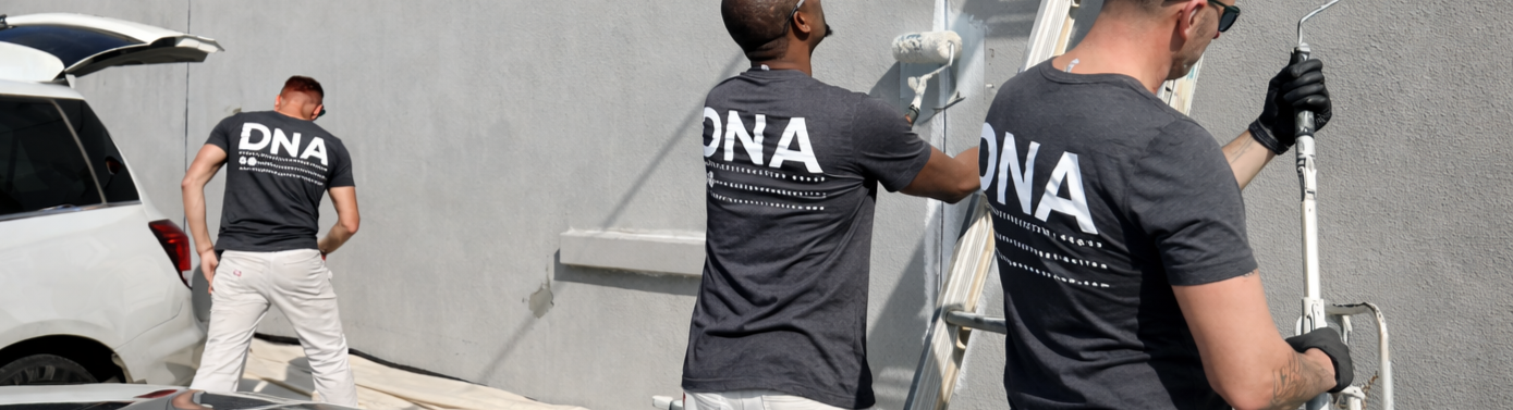 Three workers wearing matching black T-shirts with the word 'DNA' on the back are painting a gray exterior wall. One is on a ladder using a paint roller, and the other two are working near the ground.