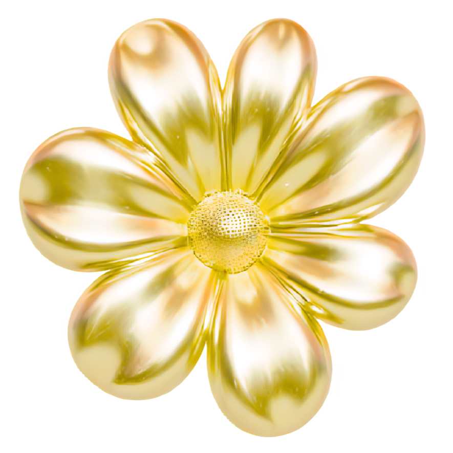 A shiny, metallic gold flower with eight petals and a textured center.