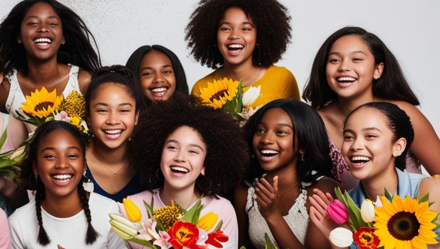 Group of eleven girls smiling and laughing, holding colorful flowers, celebrating together.
