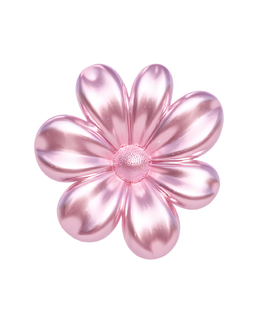 Pink metallic flower with rounded petals and a textured center.