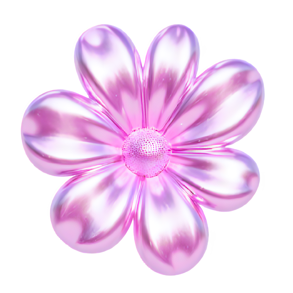 A stylized pink and purple flower with shiny petals and a textured center.