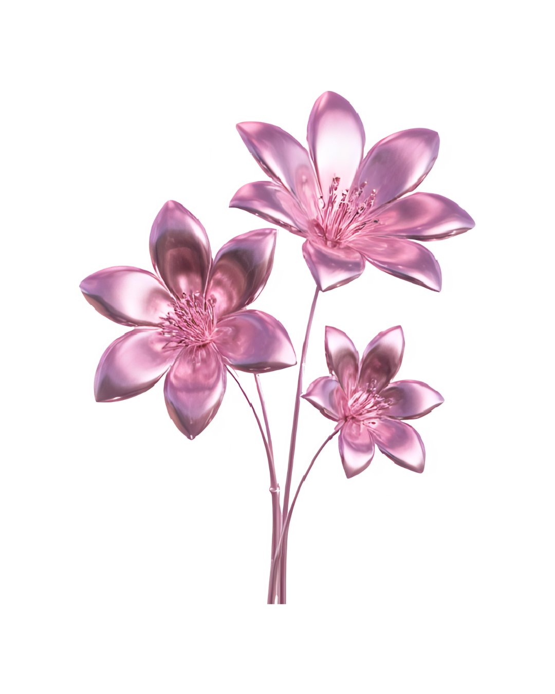 Digital rendering of pink flowers with glossy petals on black background.