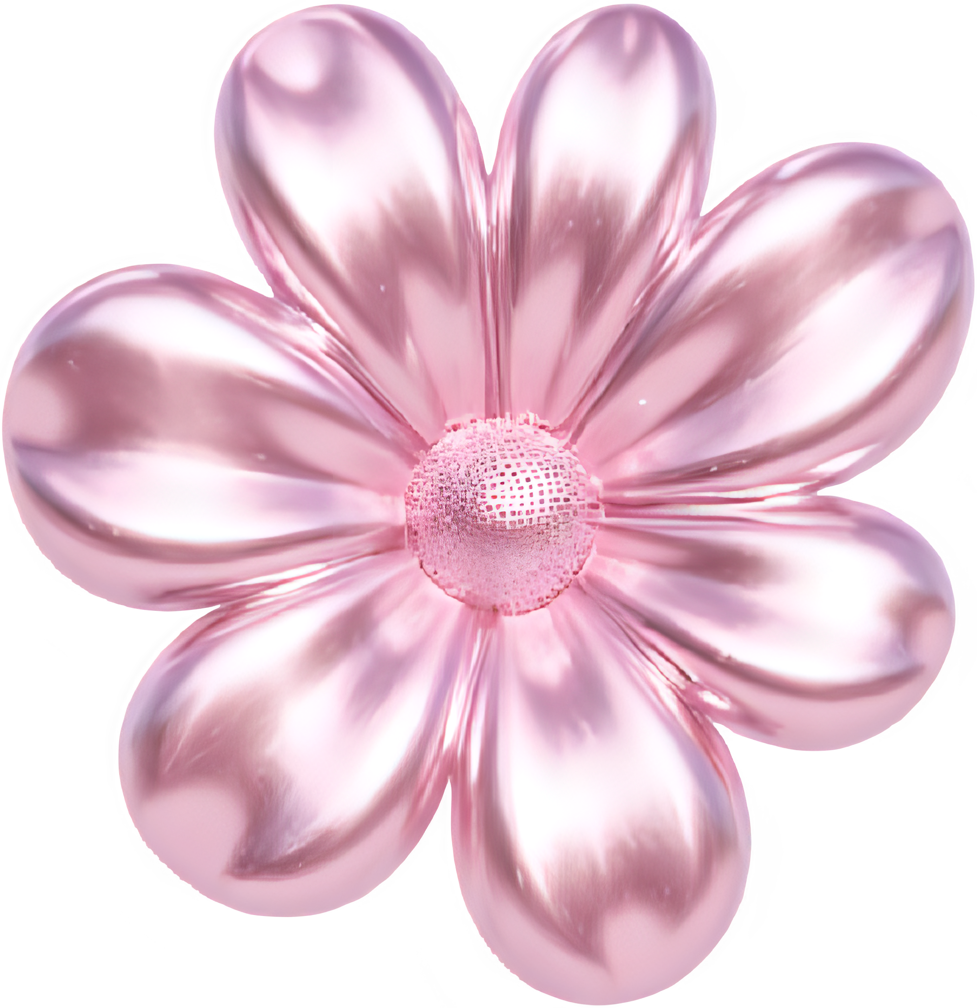 A pink metallic flower with rounded petals and a textured center.