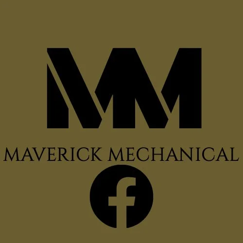 Maverick Mechanical logo with large black 'M M' initials, company name below, and Facebook icon on a gold background.
