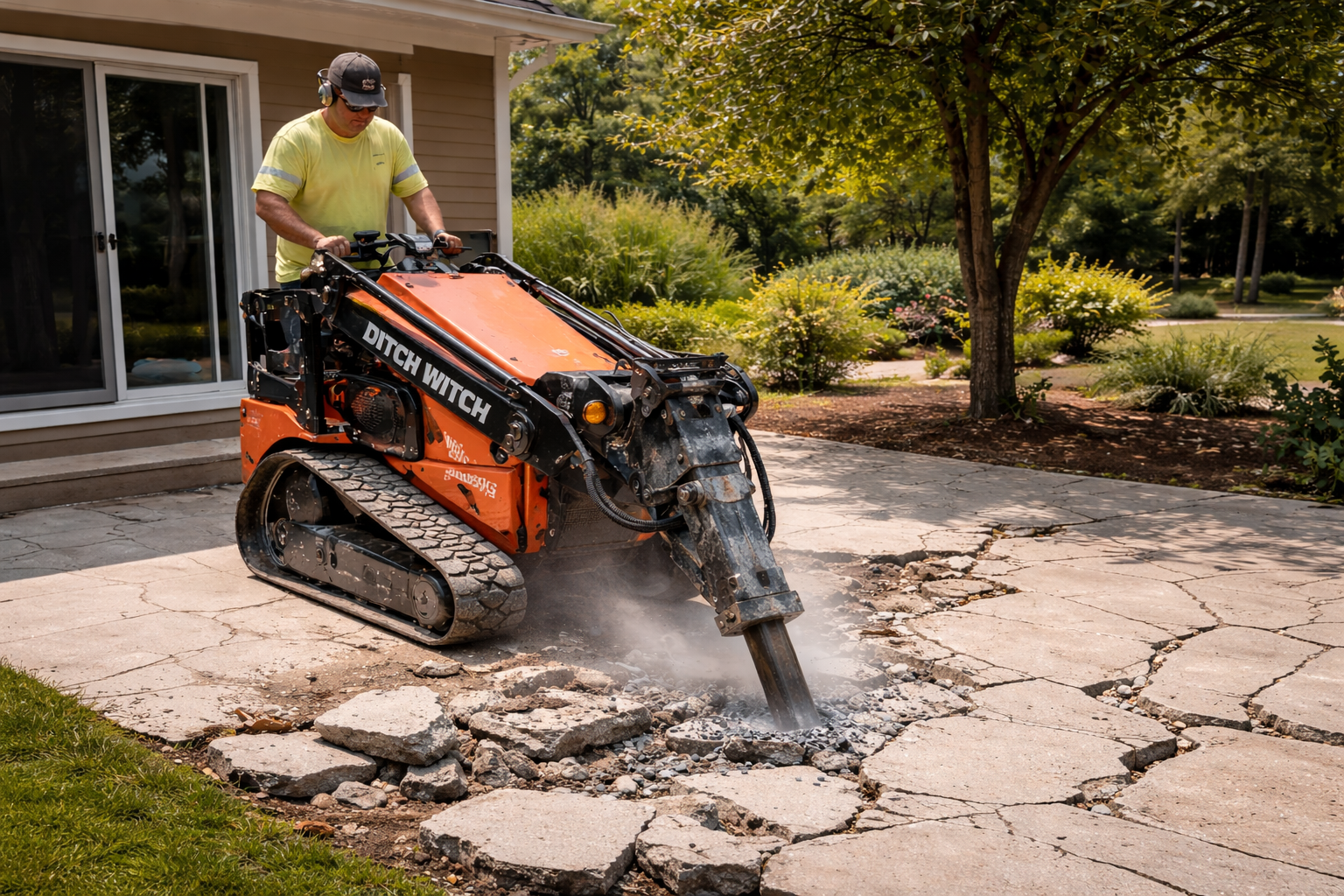 A man operating a Ditch Witch excavator on a cracked concrete driveway in a residential backyard with lush green trees and bushes.