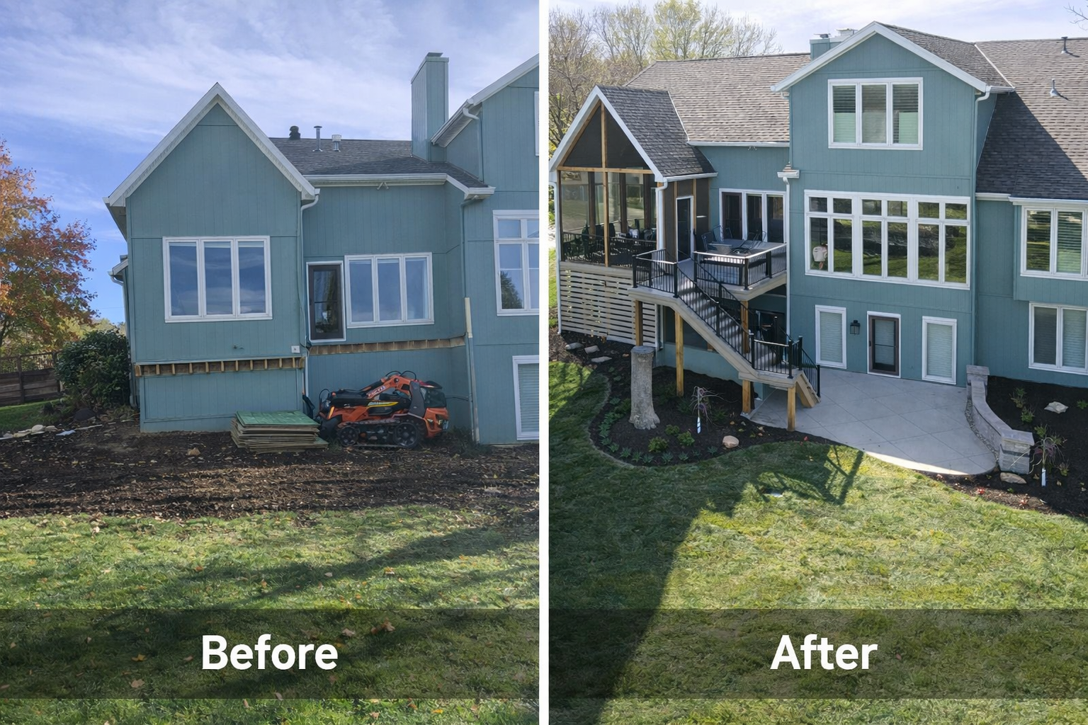Comparison of house yard before and after landscaping: the before side shows bare soil with some construction materials and equipment, while the after side features a landscaped backyard with grass, small plants, and a patio with stairs.