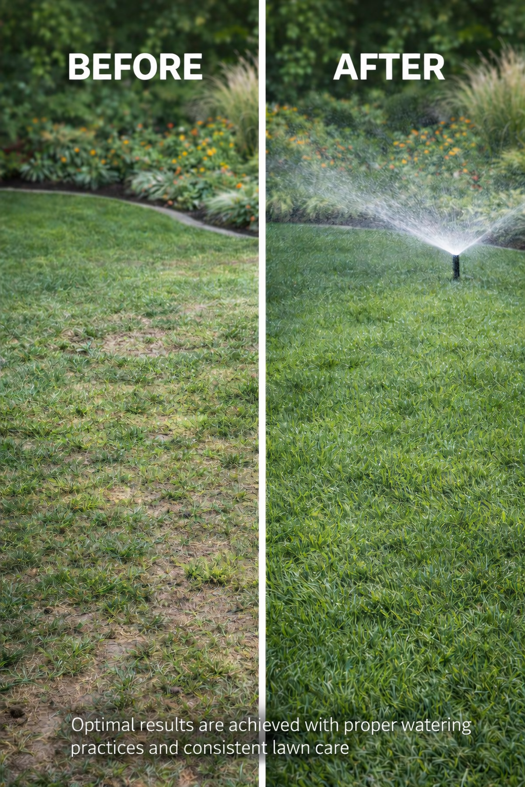 Side-by-side comparison image shows a lawn before and after watering; the left side is patchy and dry, while the right side is lush and green, demonstrating the benefits of proper watering practices.