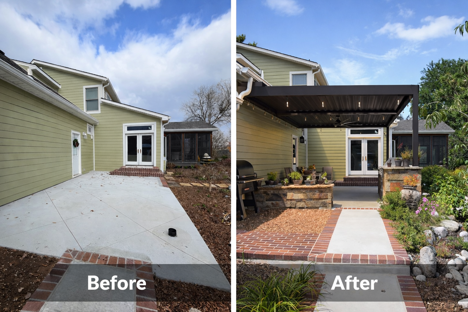 Comparison of backyard before and after landscaping and renovation, with a paved patio, brick border, and a covered seating area in the after photo.