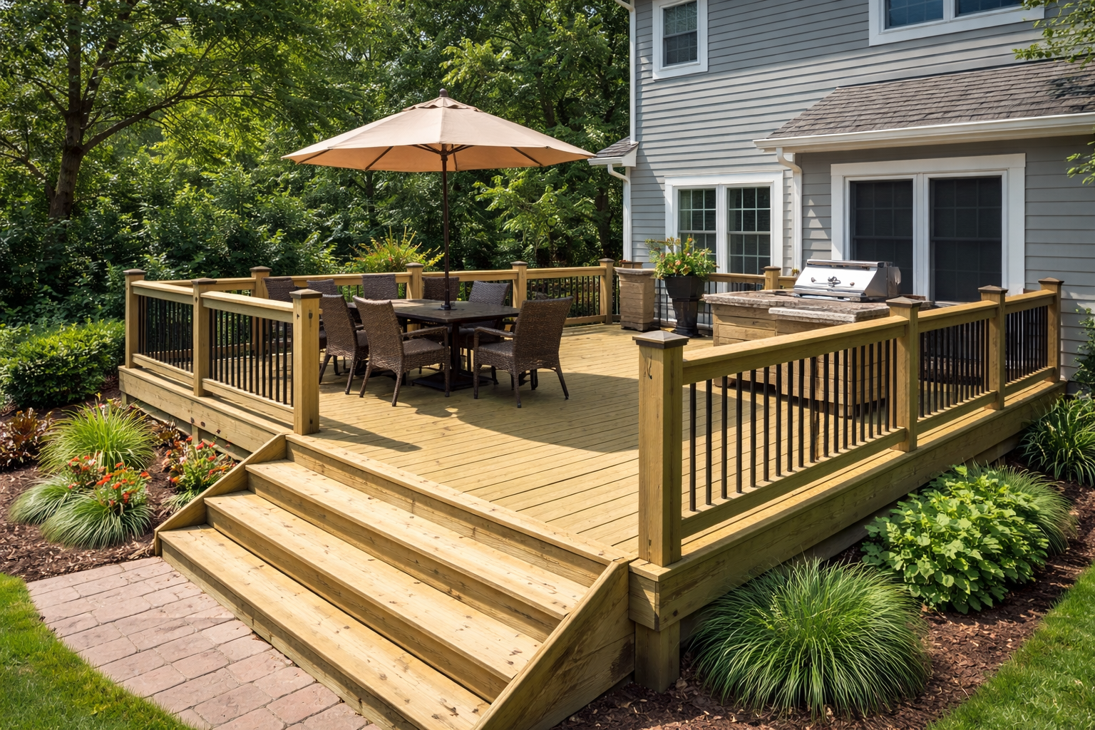 Wooden backyard deck with stairs, outdoor dining table and chairs, large umbrella, built-in grill, potted plants, and surrounding greenery