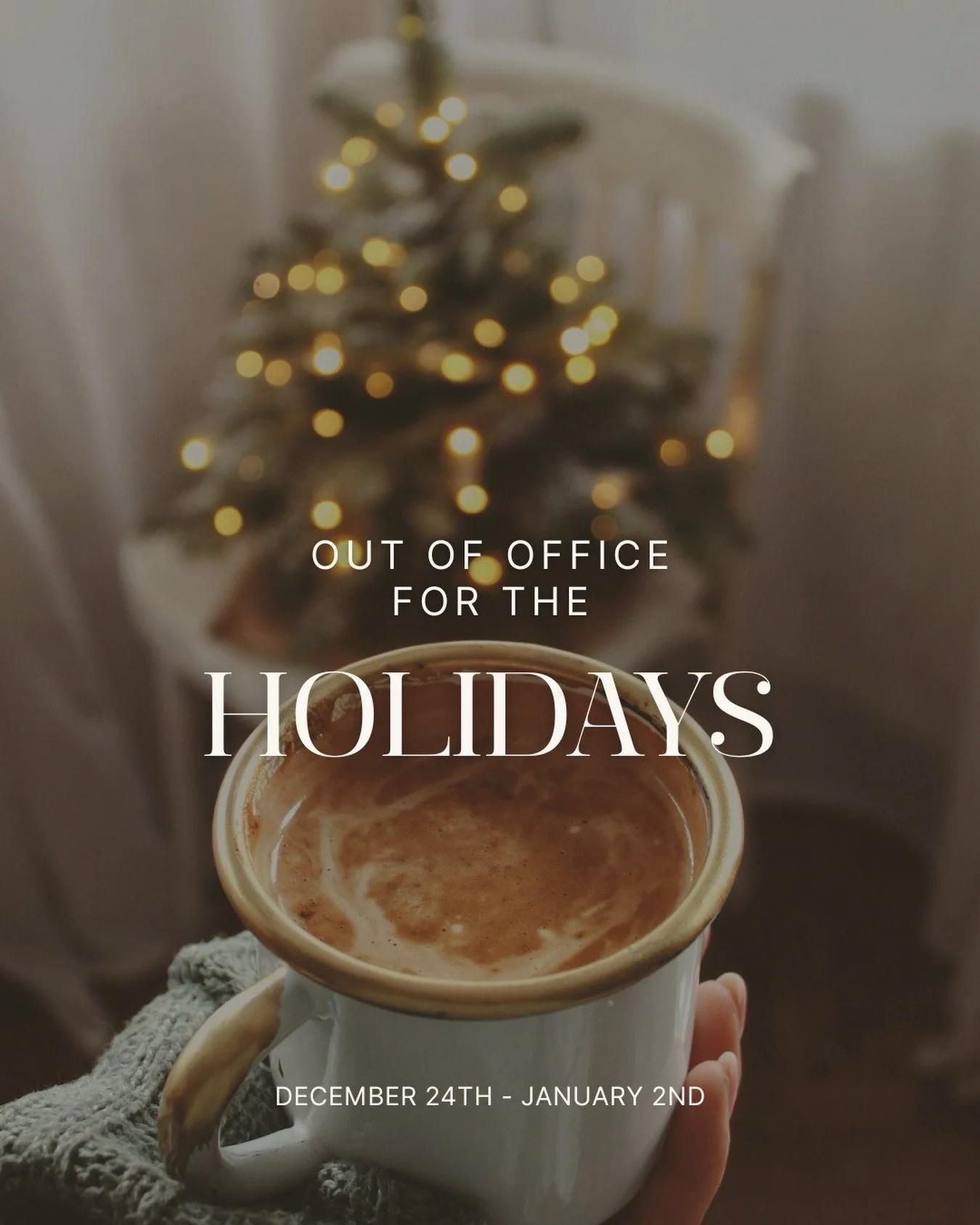 I&rsquo;ll be out of the office from December 24th through January 2nd, taking time to rest, reflect, and celebrate the season. During this period, I won&rsquo;t be available for messages or sessions.

Thank you for your understanding, and wishing yo