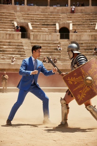 A man in a blue suit fighting a Roman soldier with a sword in an ancient Roman arena.