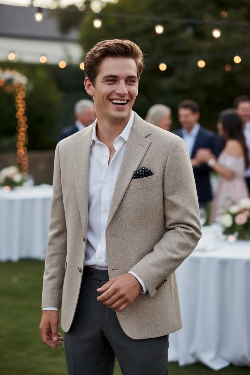 A young man in a beige suit smiling at an outdoor event with string lights and people in the background.