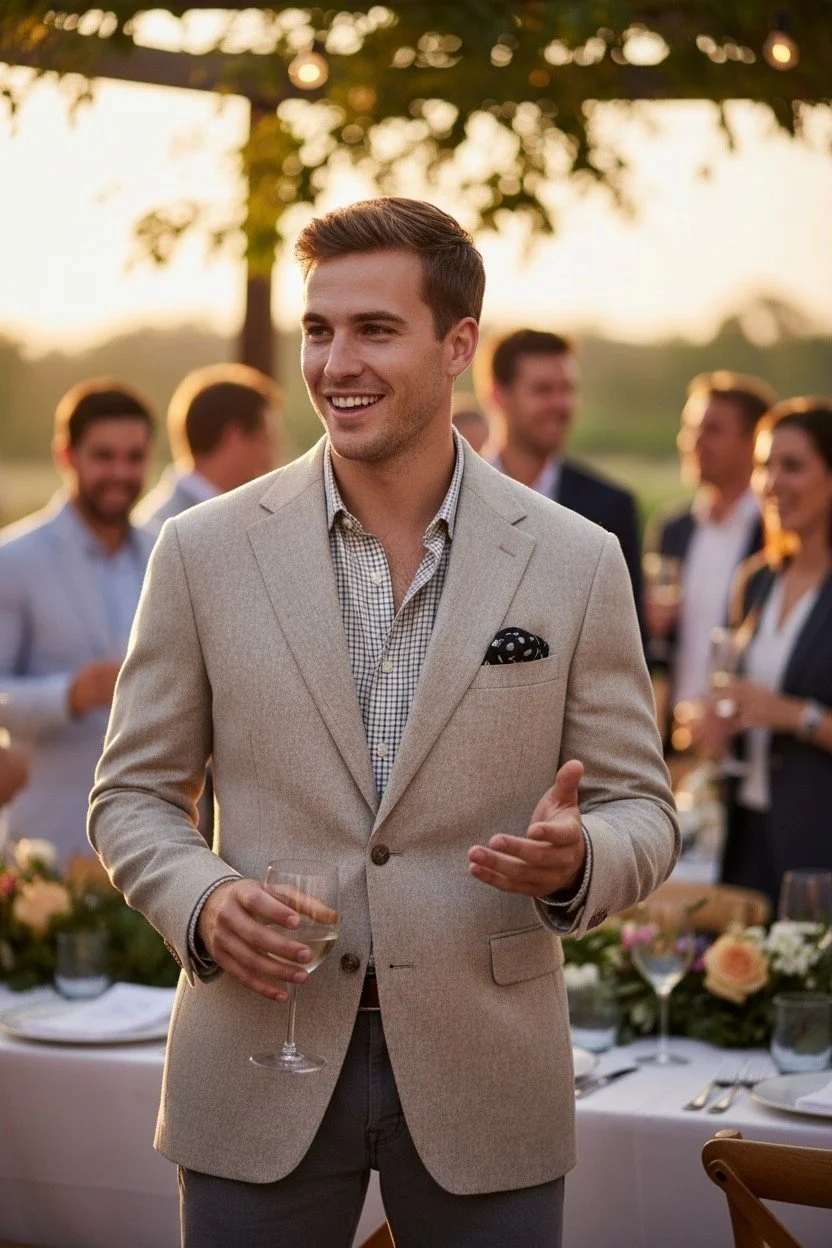 A young man in a beige blazer holding a wine glass and smiling at an outdoor wedding or social gathering with people in the background.