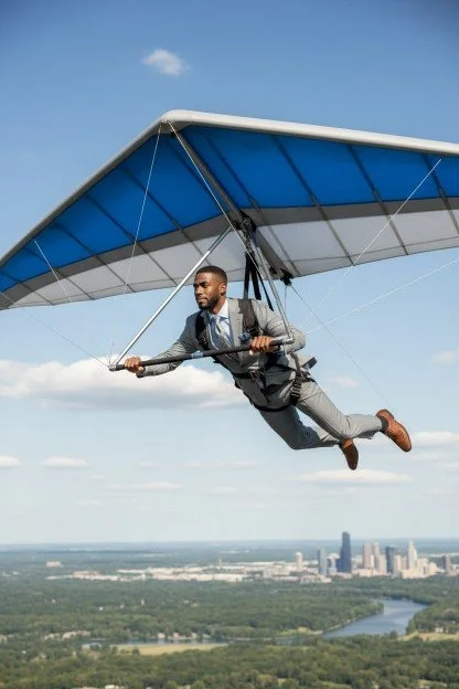 Man in formal suit flying in hang glider above city skyline.