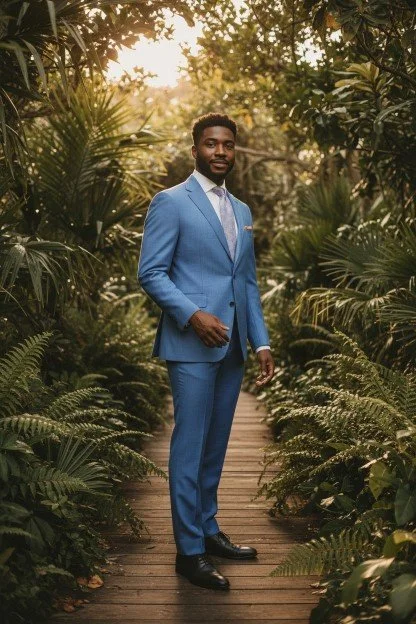 Man in a blue suit standing on a wooden pathway amidst lush green plants and trees at sunset.