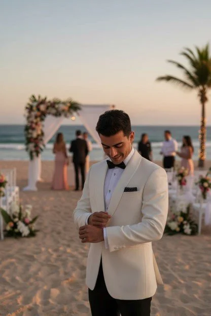 A man in a white tuxedo jacket smiling at an outdoor beach wedding during sunset, with an arch decorated with flowers and other people in the background.