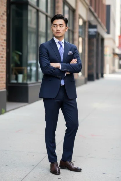 Man in a blue suit standing on city sidewalk, arms crossed, in front of office buildings.