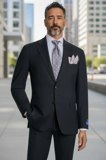 A middle-aged man in a dark suit with a light-colored dress shirt and a polka dot tie, standing outdoors in an urban setting with modern buildings in the background.