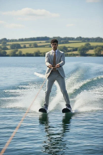 Man in gray suit water skiing on a lake with hills in the background.